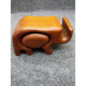 Jewelry Holder Redwood Elephant Sliding Hidden Drawer Handcrafted Vintage 1977
